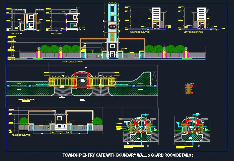 Township Entry Gate CAD Boundary Wall, Sliding Gate & Guard Room